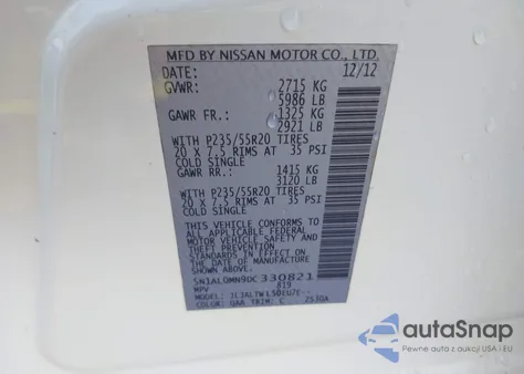 2013 Infiniti Jx35 from USA, damaged, VIN 5N1AL0MN9DC330821